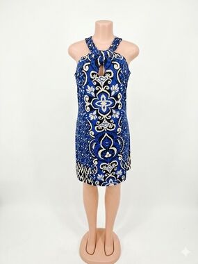 INC International Concepts Blue & White Printed Halter Mini Dress